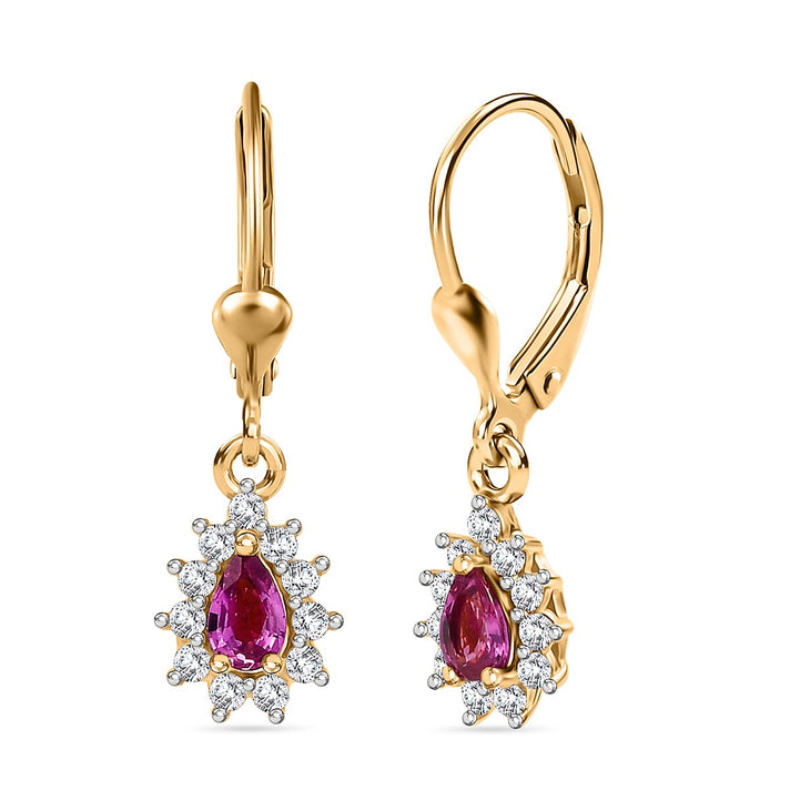 Natural Unheated Ruby, White Zircon Halo Lever Back Earring in 18K Vermeil Yellow Gold Over Sterling Silver 1.01 Ct. 8195651 1