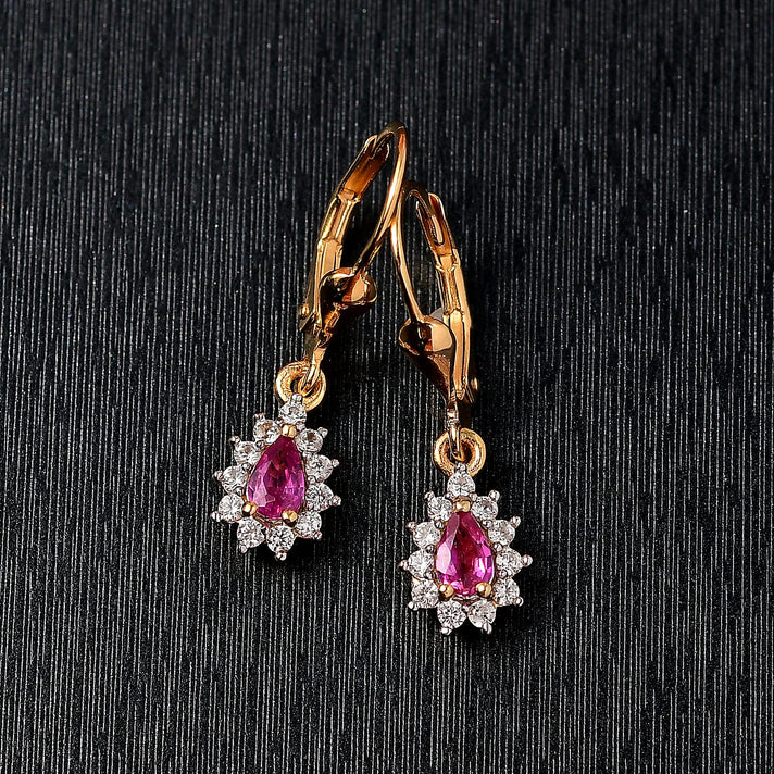 Natural Unheated Ruby, White Zircon Halo Lever Back Earring in 18K Vermeil Yellow Gold Over Sterling Silver 1.01 Ct. 8195651 2