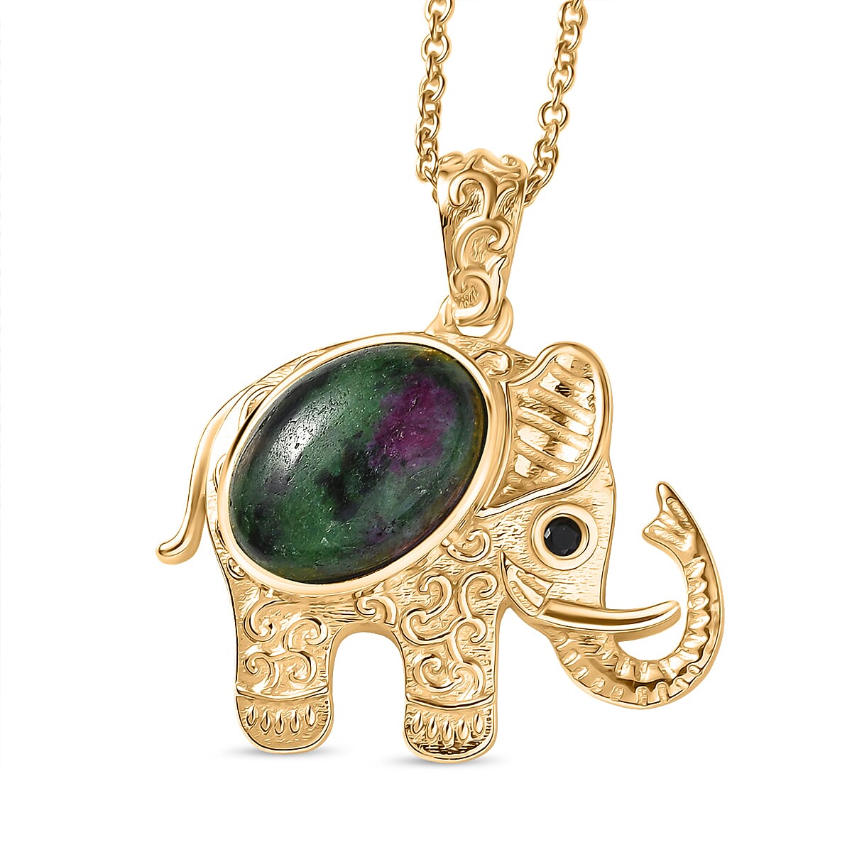 EverTrue Natural Ruby Zoisite &amp; Black Spinel Elephant Pendant with Chain (Size 20) in Yellow Gold Plated 4421994 0