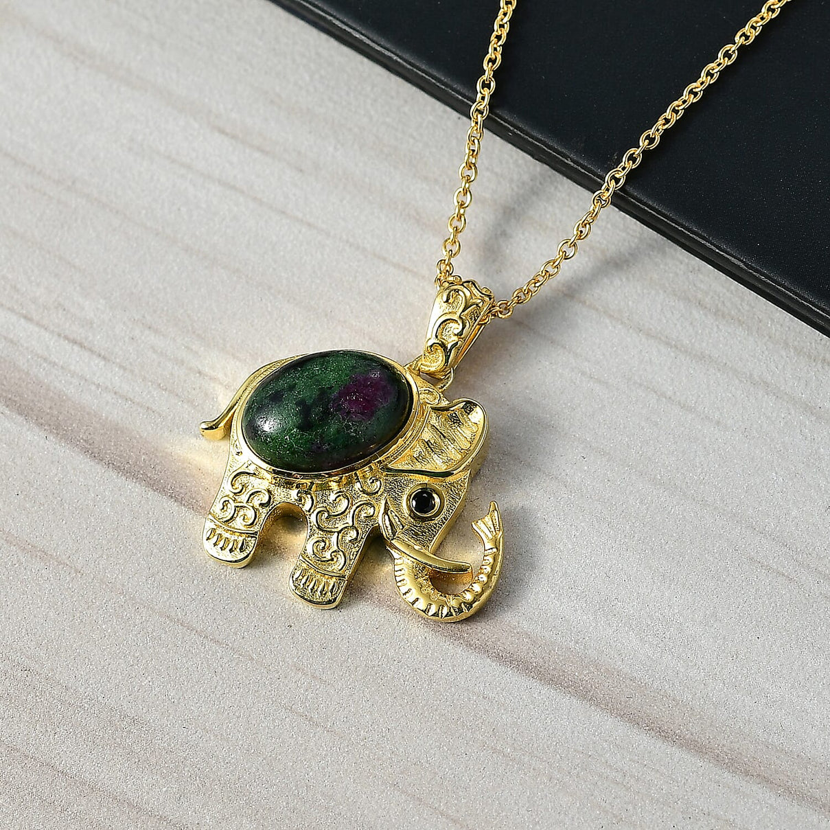 EverTrue Natural Ruby Zoisite &amp; Black Spinel Elephant Pendant with Chain (Size 20) in Yellow Gold Plated 4421994 2