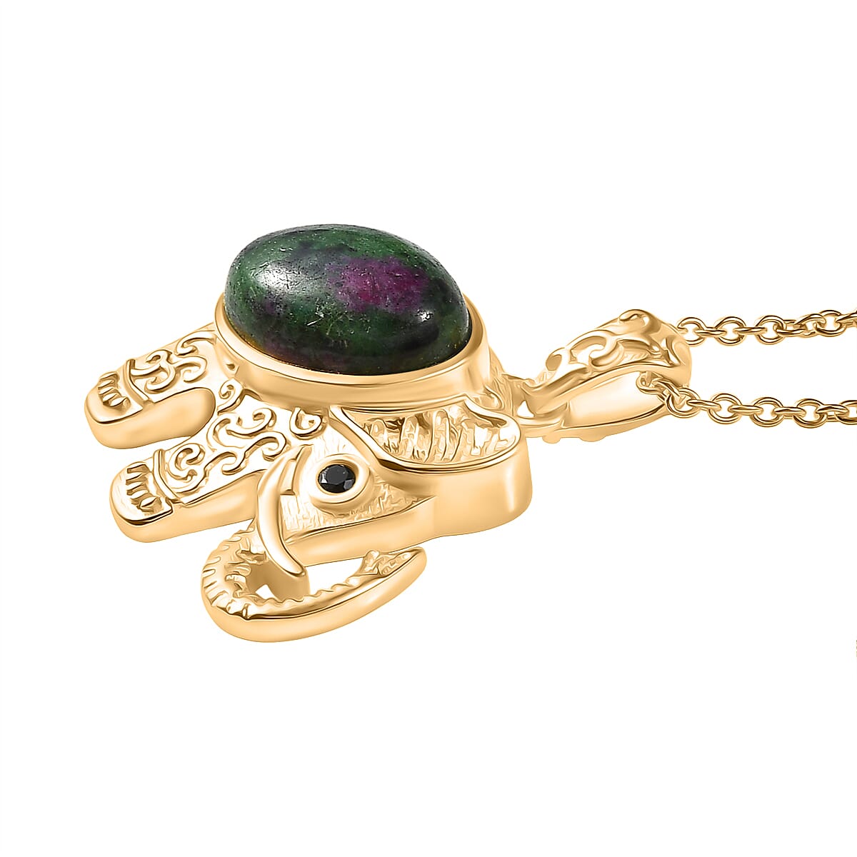 EverTrue Natural Ruby Zoisite &amp; Black Spinel Elephant Pendant with Chain (Size 20) in Yellow Gold Plated 4421994 3