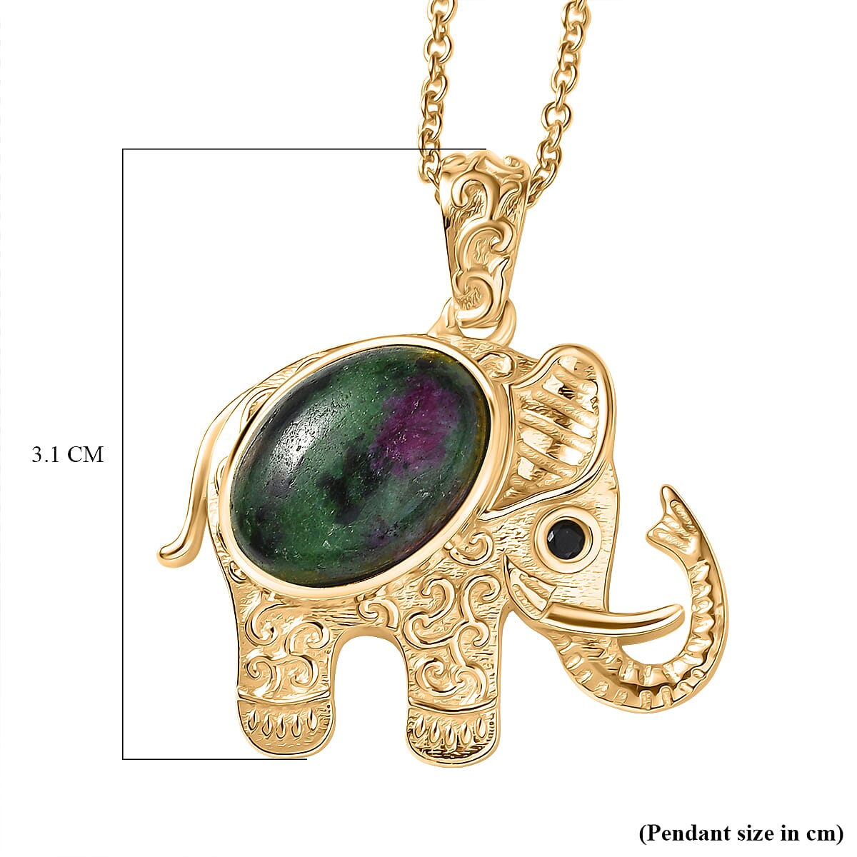 EverTrue Natural Ruby Zoisite &amp; Black Spinel Elephant Pendant with Chain (Size 20) in Yellow Gold Plated 4421994 5