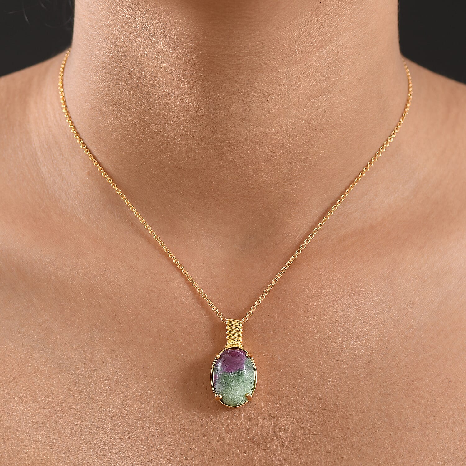 EverTrue Natural Ruby Zoisite Pendant with Chain (Size 20) in Yellow Gold Plated 14.93 Ct. 4421983 1