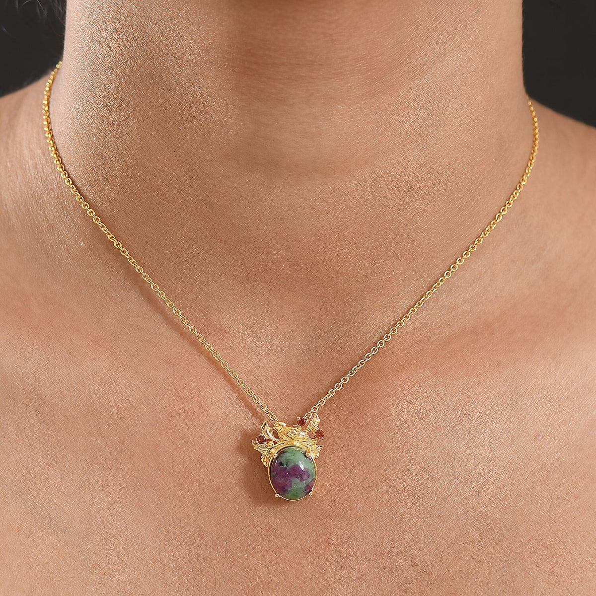 EverTrue Natural Ruby Zoisite &amp; Red Garnet Pendant with Chain (Size 20) in Yellow Gold Plated 7.30 Ct. 4421985 1