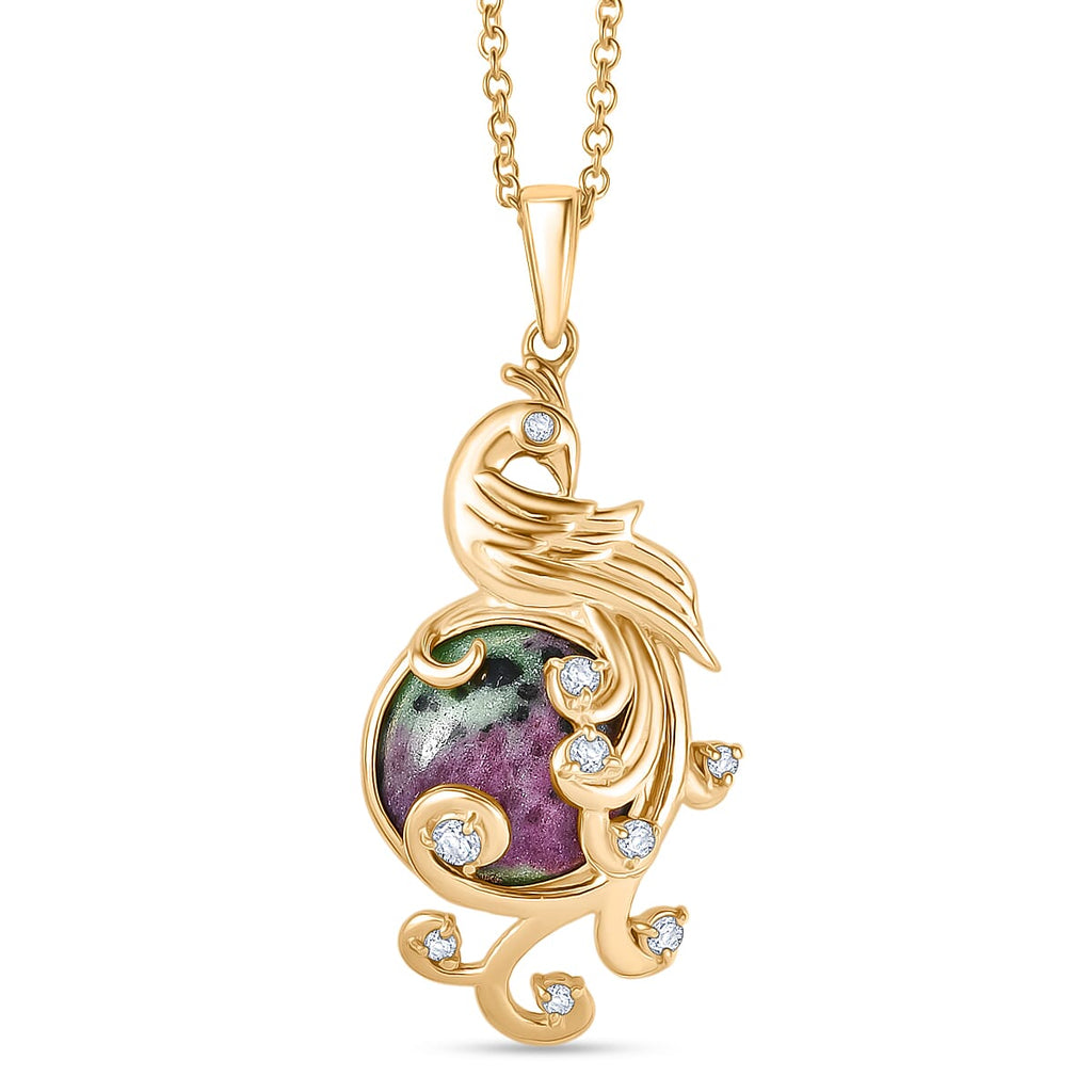 EverTrue Natural Ruby Zoisite & White Topaz Pendant with Chain (Size 20) in Yellow Gold Plated 13.29 Ct.