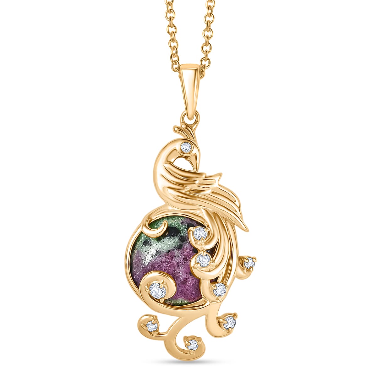 EverTrue Natural Ruby Zoisite &amp; White Topaz Pendant with Chain (Size 20) in Yellow Gold Plated 13.29 Ct. 4421996 0