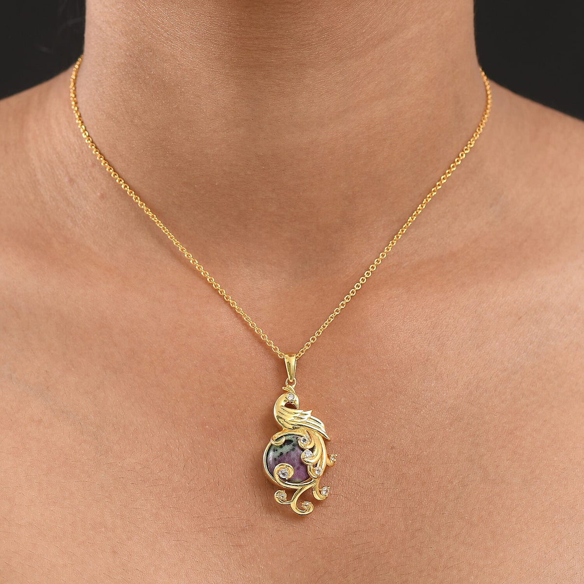 EverTrue Natural Ruby Zoisite &amp; White Topaz Pendant with Chain (Size 20) in Yellow Gold Plated 13.29 Ct. 4421996 1