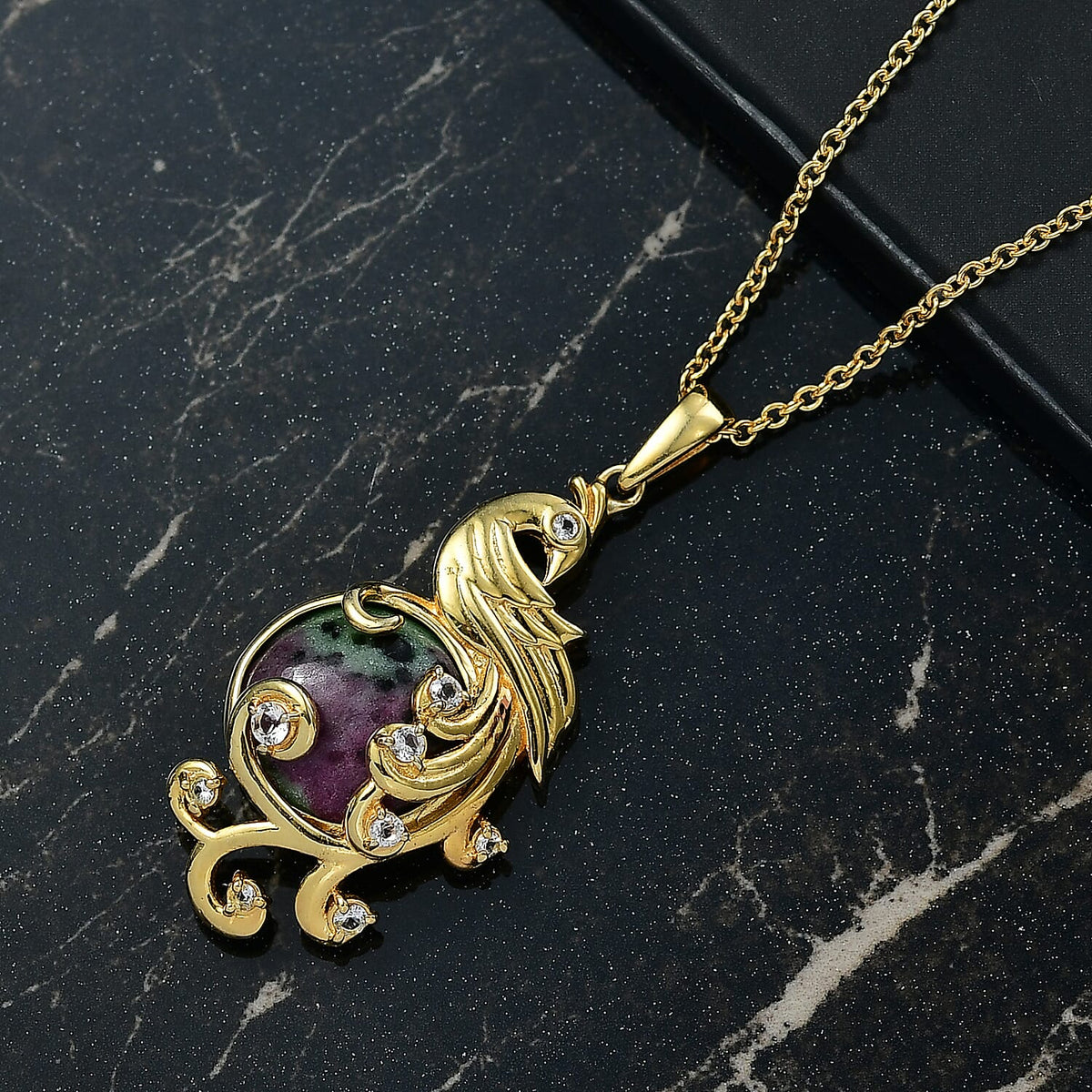 EverTrue Natural Ruby Zoisite &amp; White Topaz Pendant with Chain (Size 20) in Yellow Gold Plated 13.29 Ct. 4421996 2