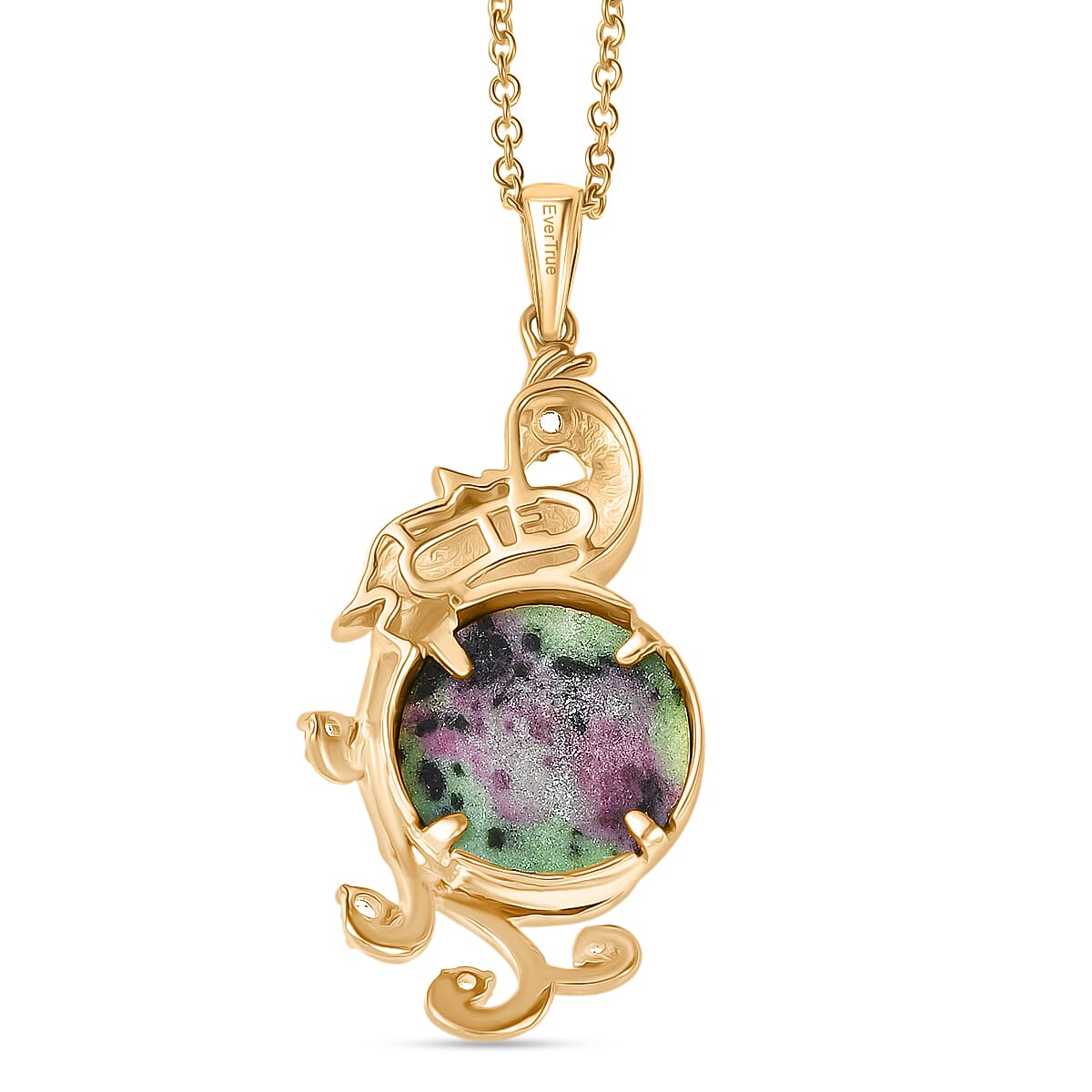 EverTrue Natural Ruby Zoisite &amp; White Topaz Pendant with Chain (Size 20) in Yellow Gold Plated 13.29 Ct. 4421996 4