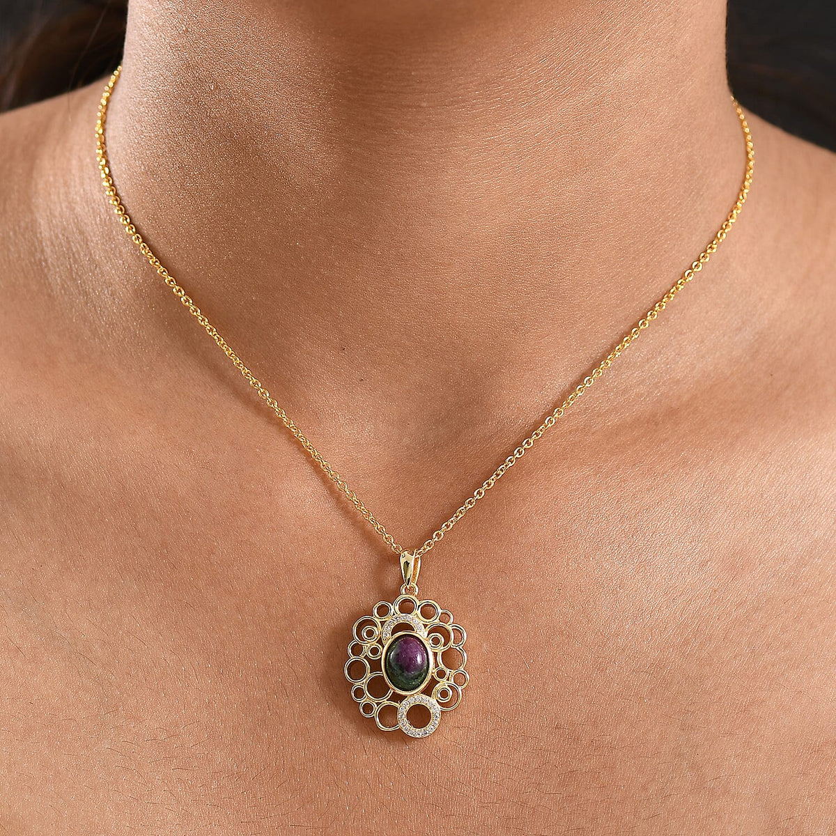 EverTrue Ruby Zoisite and White Zircon Pendant with Chain (Size 20) in Yellow Gold Plated 3.06 Ct. 4421989 2