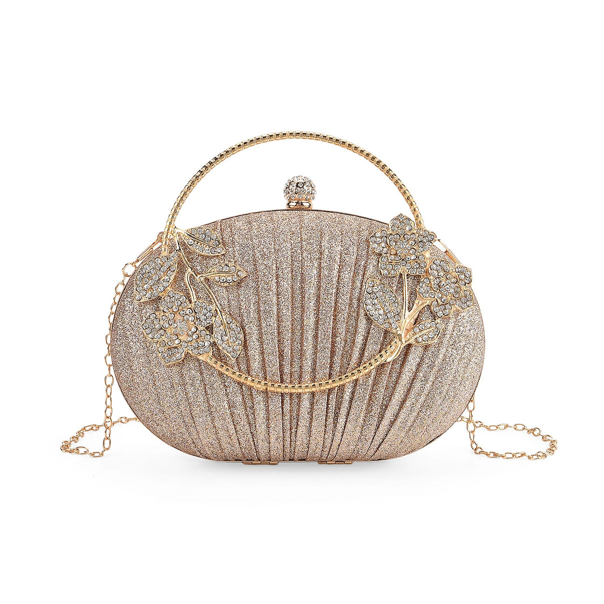 Ruched Crystal Flower Embellished Clutch Bag with Gold Handle - Rose Gold 8231692 0