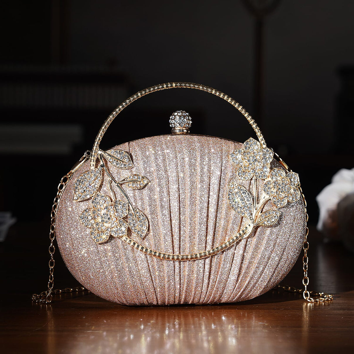 Ruched Crystal Flower Embellished Clutch Bag with Gold Handle - Rose Gold 8231692 2