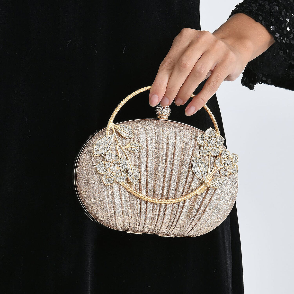 Ruched Crystal Flower Embellished Clutch Bag with Gold Handle - Rose Gold 8231692 4