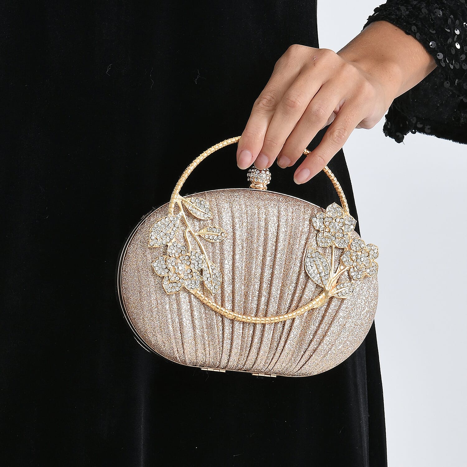 Ruched Crystal Flower Embellished Clutch Bag with Gold Handle - Rose Gold 8231692 4