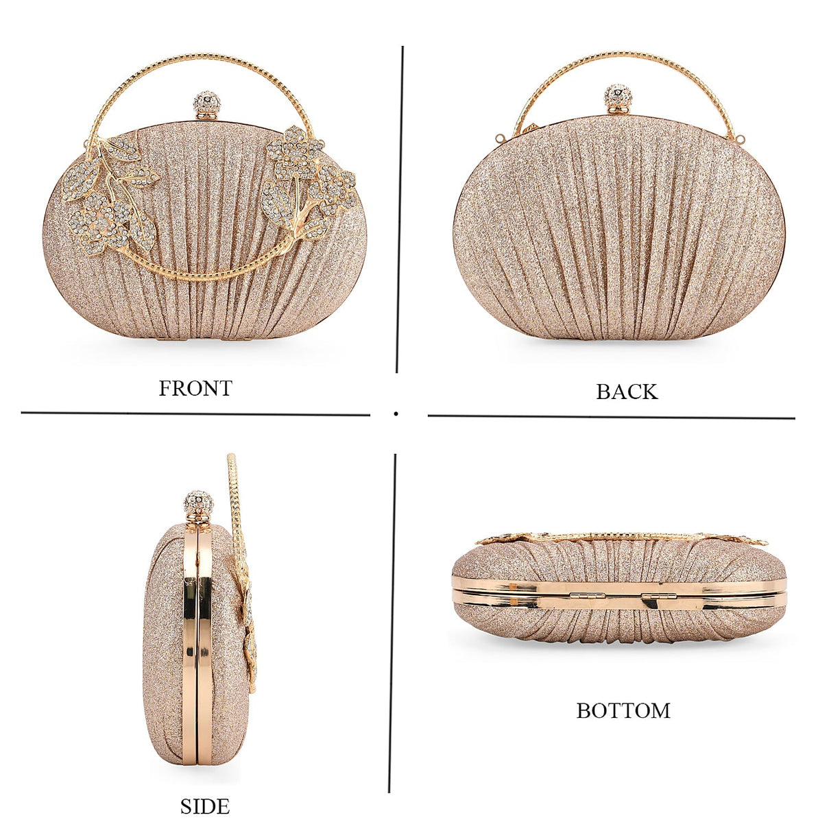Ruched Crystal Flower Embellished Clutch Bag with Gold Handle - Rose Gold 8231692 5