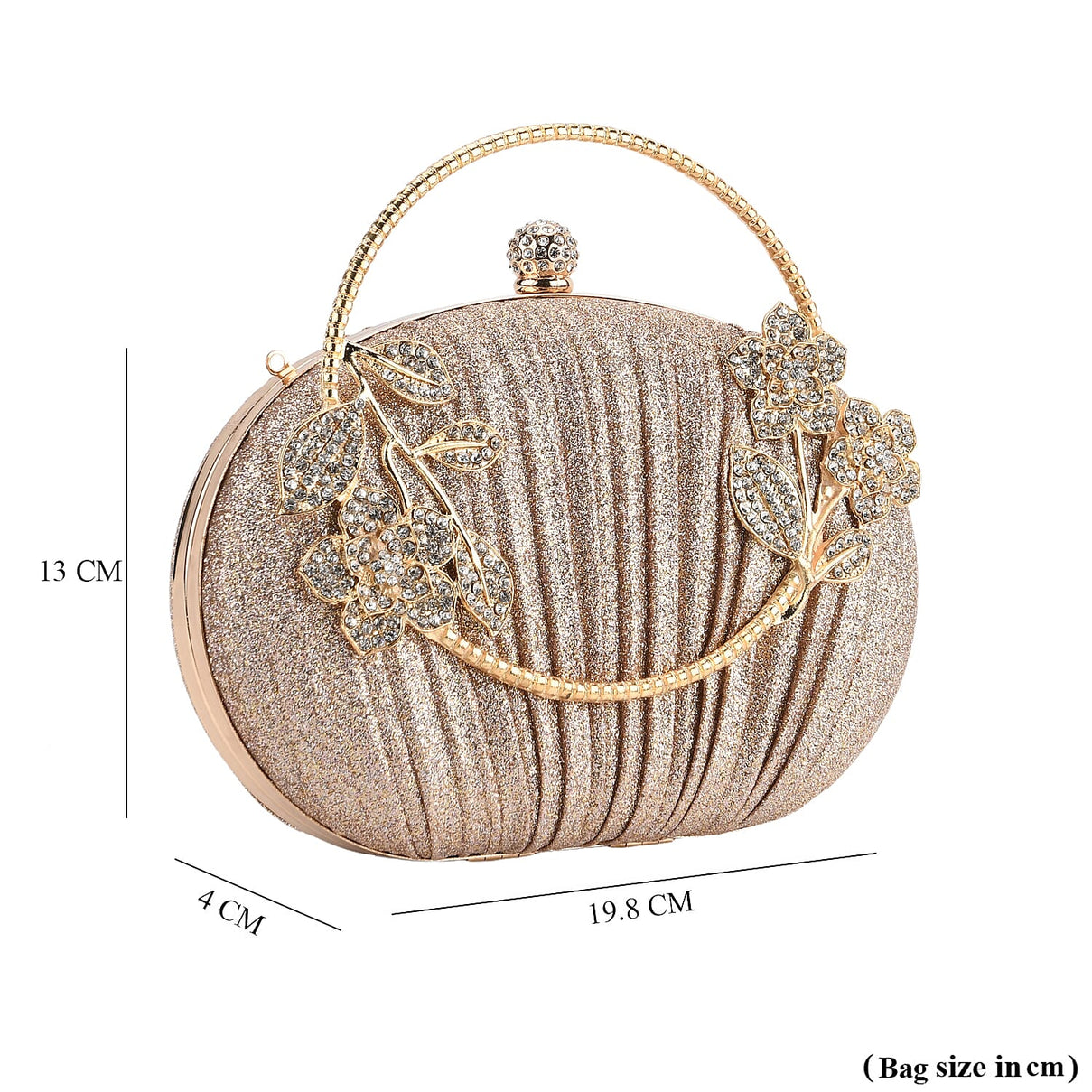 Ruched Crystal Flower Embellished Clutch Bag with Gold Handle - Rose Gold 8231692 7