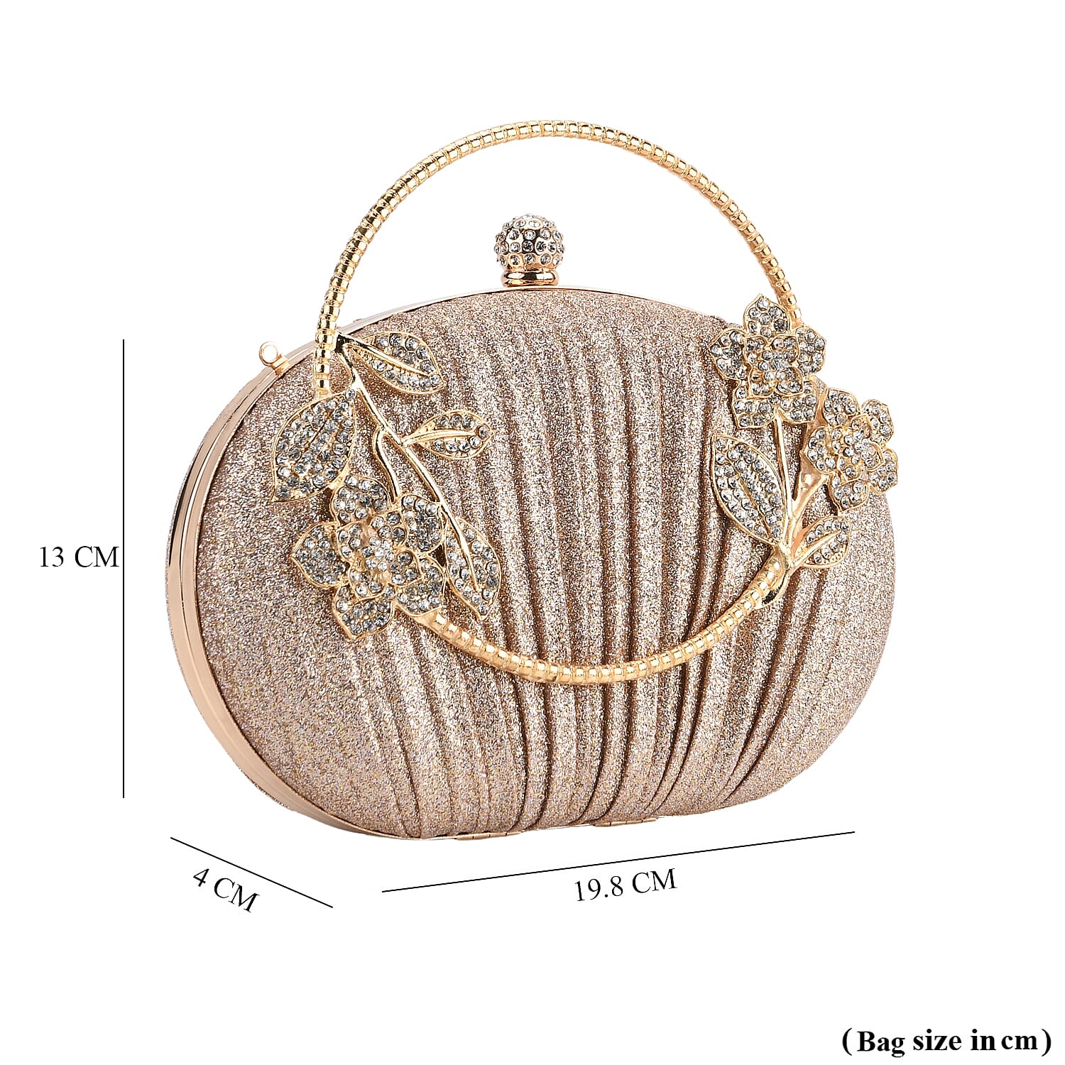 Ruched Crystal Flower Embellished Clutch Bag with Gold Handle - Rose Gold 8231692 7