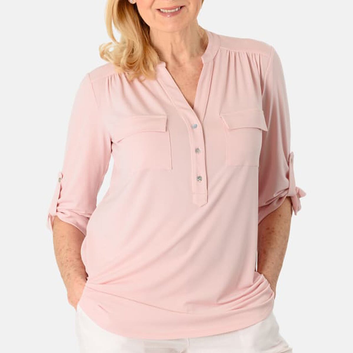Solid Print Ladies V-Neck Jersey Half Button-Up Shirt 8064730 0