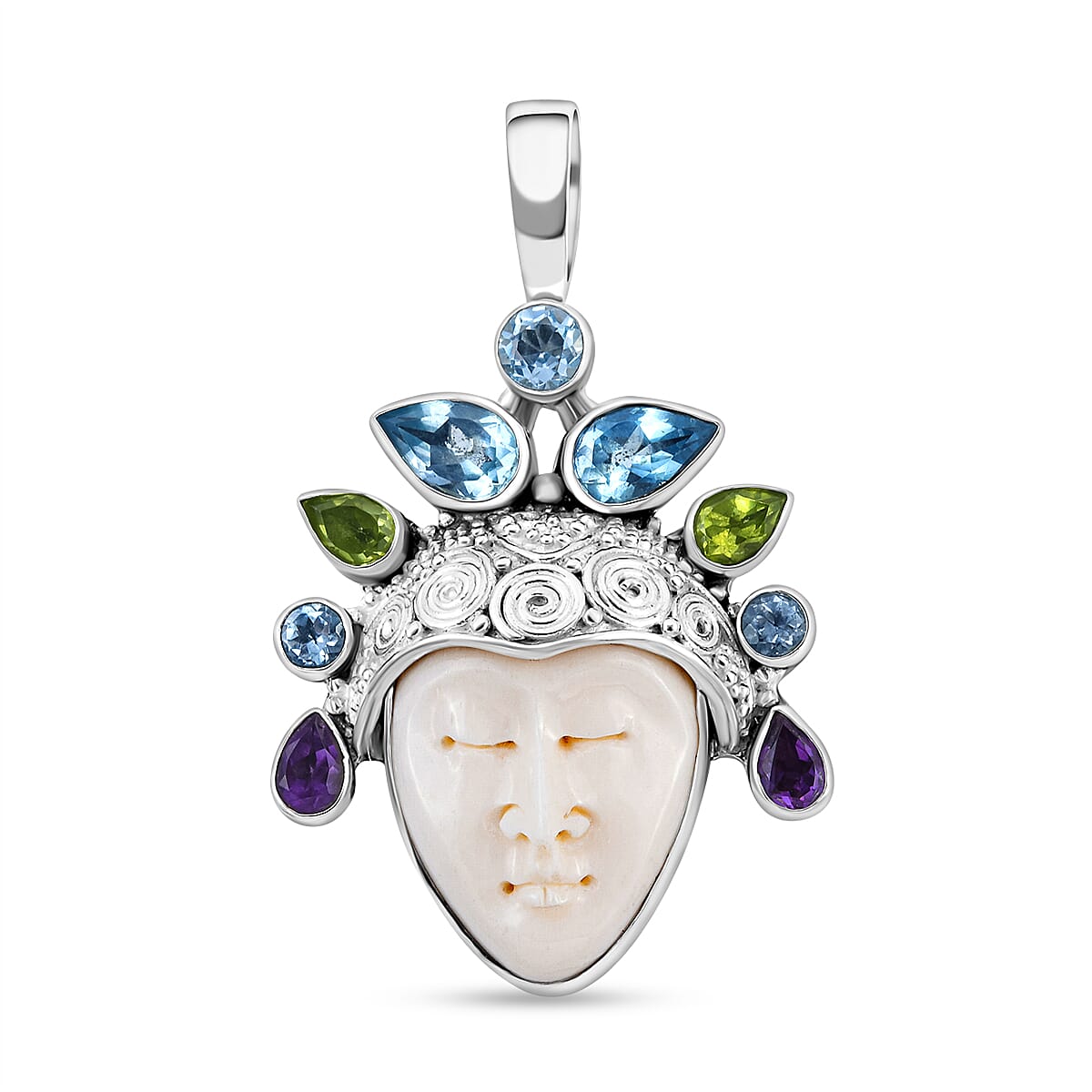 SAJEN SILVER Goddess Collection- Ox Bone and Multi Gemstones Pendant in Sterling Silver 19.67 Ct, Silver Wt. 13.00 Gms 7142493 0
