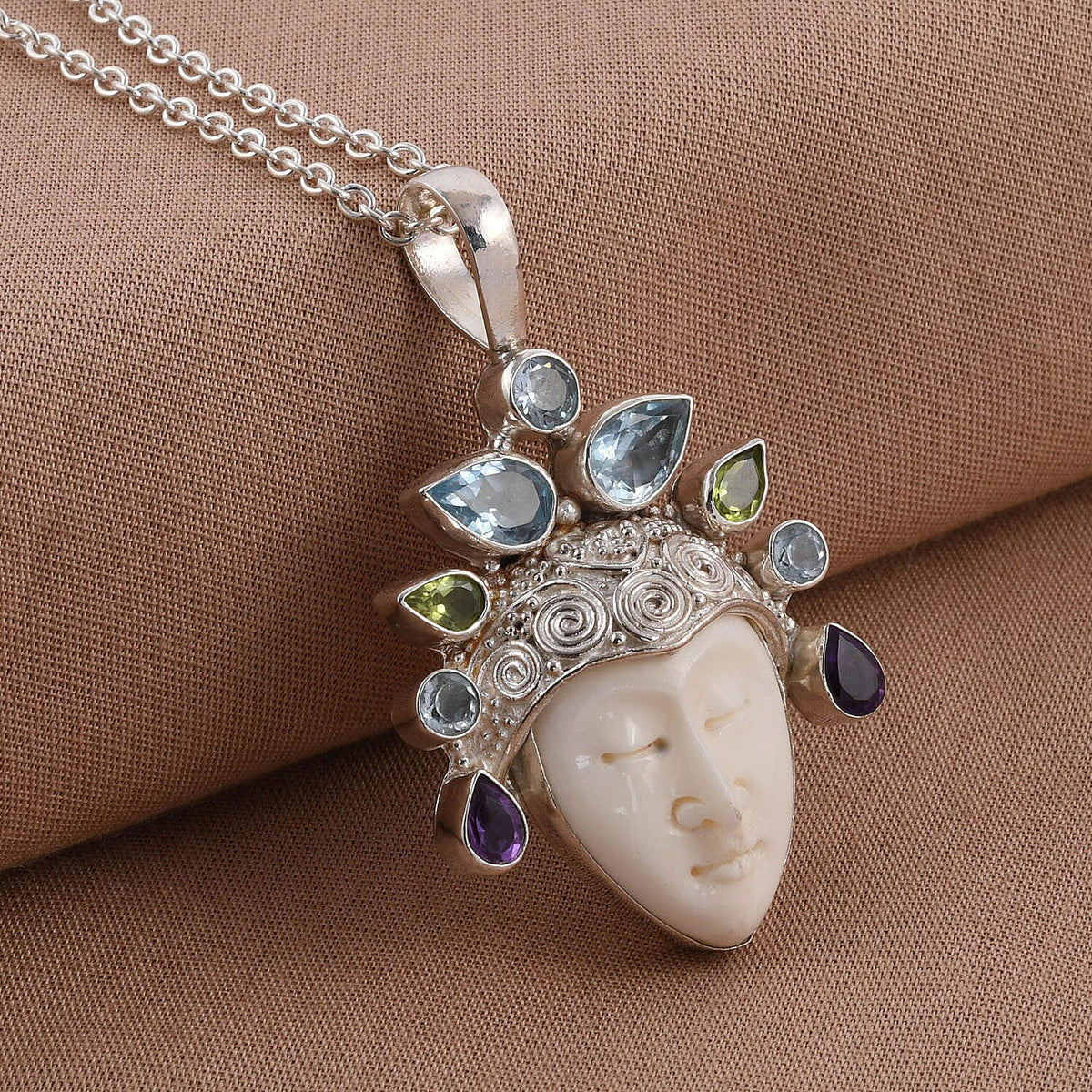 SAJEN SILVER Goddess Collection- Ox Bone and Multi Gemstones Pendant in Sterling Silver 19.67 Ct, Silver Wt. 13.00 Gms 7142493 2