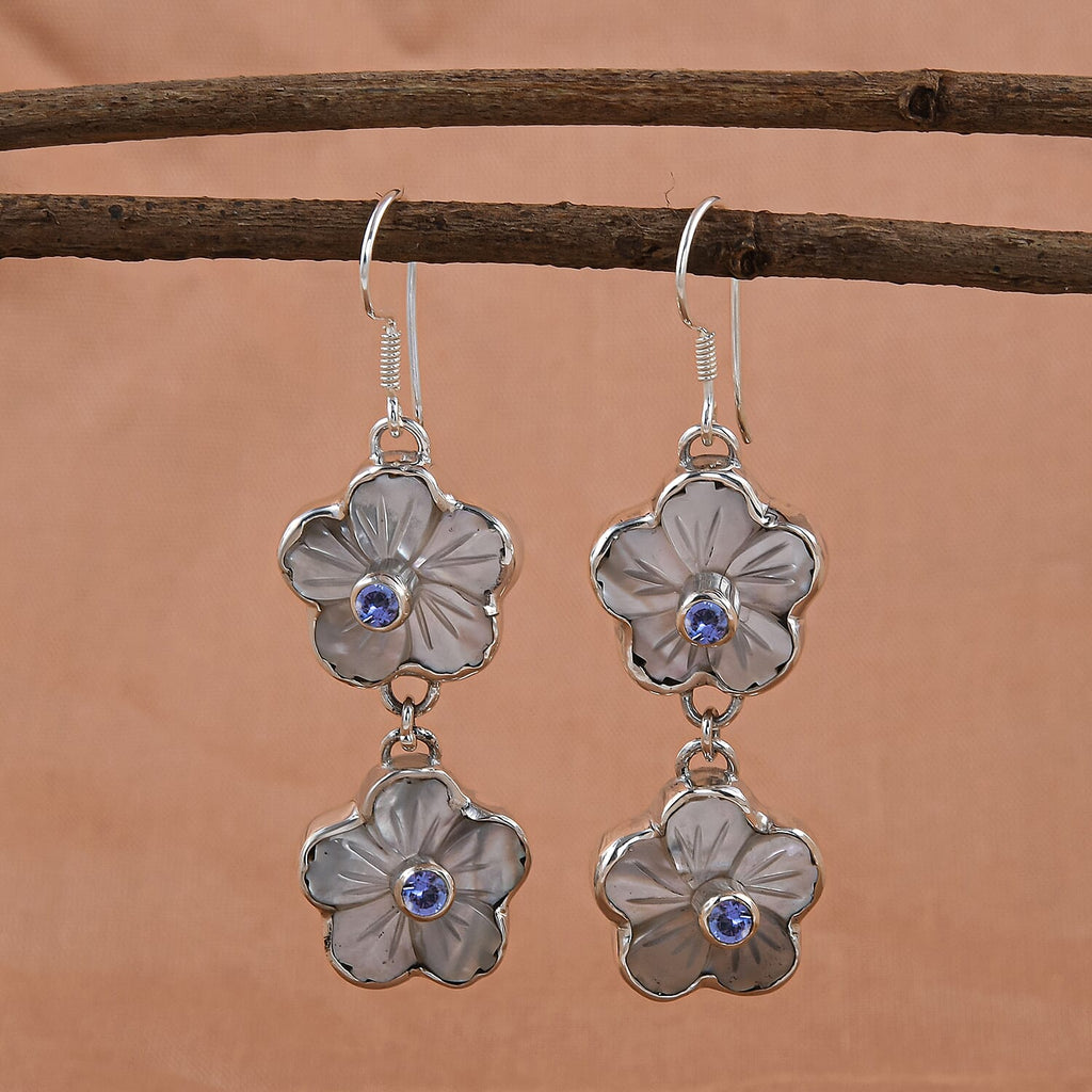 SAJEN SILVER Natures Joy Collection - Mother Of Pearl and Amethyst Floral Dangling Earrings With Hook in Sterling Silver