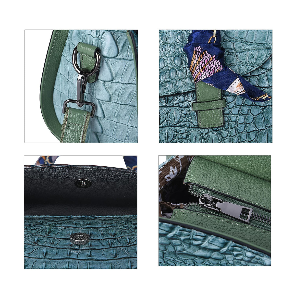 Sencillez 100% Genuine Leather Croc Embossed Pattern Convertible Bag with Shoulder Strap - Green 6305188 5