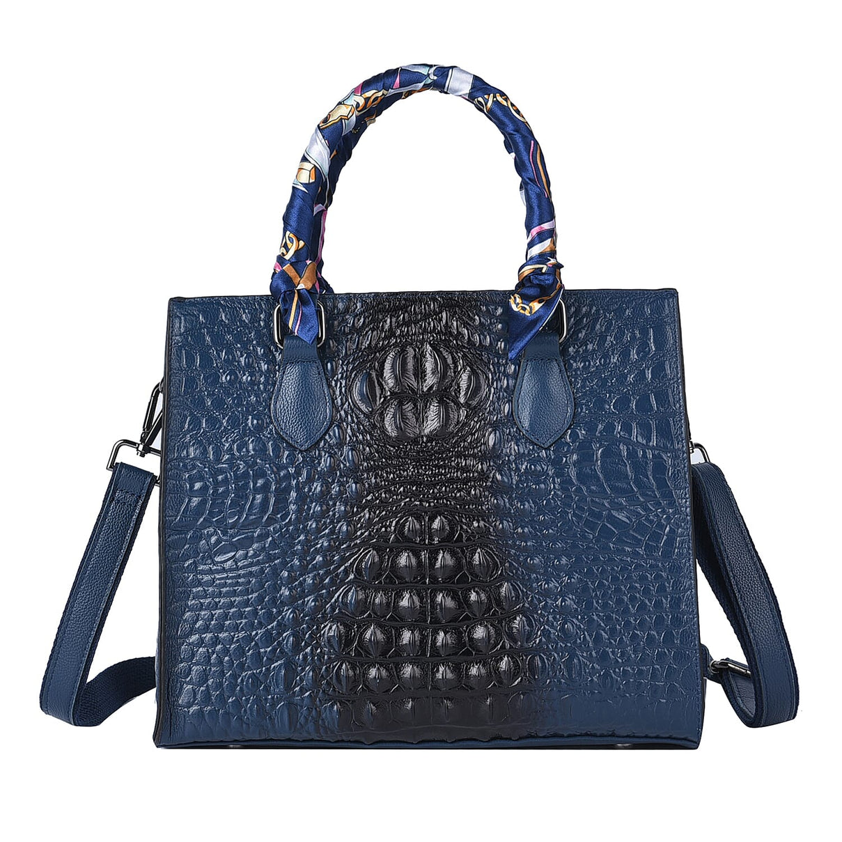 Sencillez 100% Genuine Leather Croc Embossed Pattern Convertible Bag with Handle Scarf and Shoulder Strap - Navy 6305202 0