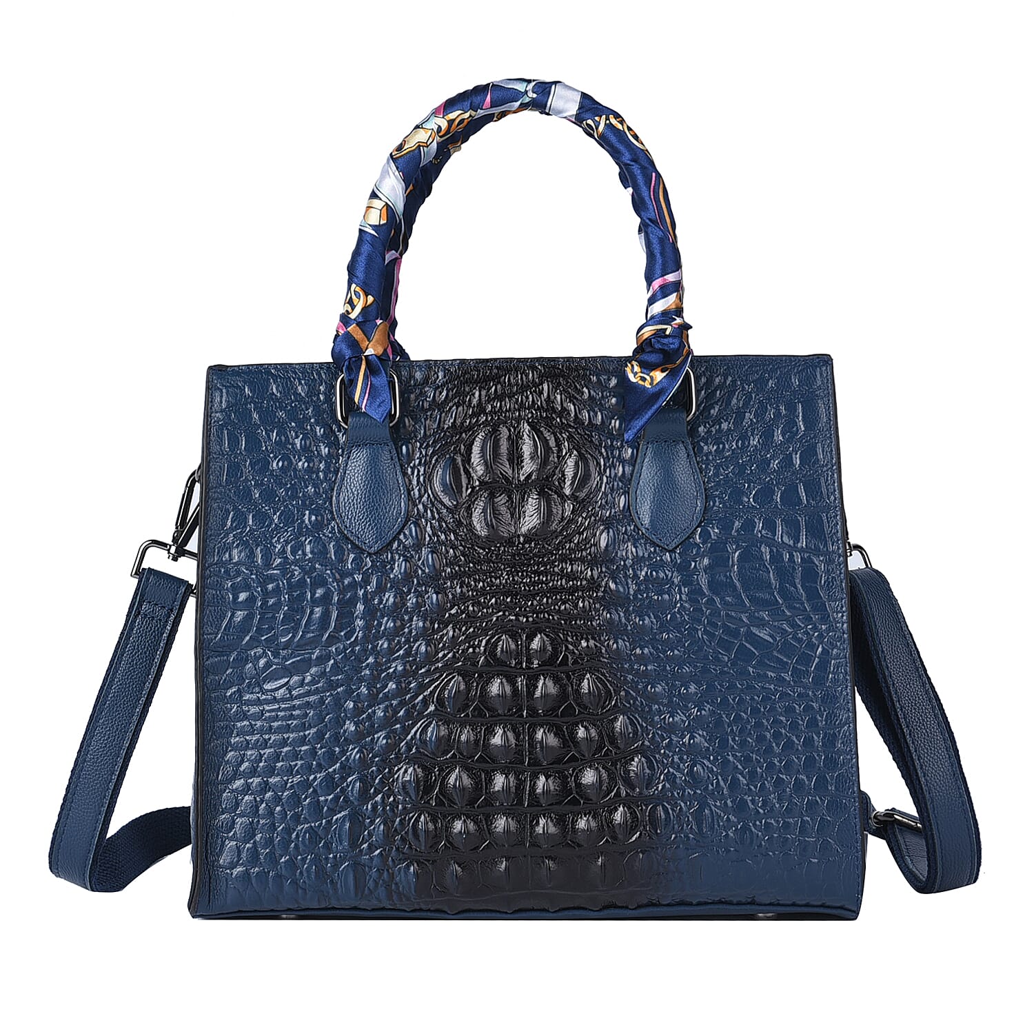 Sencillez 100% Genuine Leather Croc Embossed Pattern Convertible Bag with Handle Scarf and Shoulder Strap - Navy 6305202 0