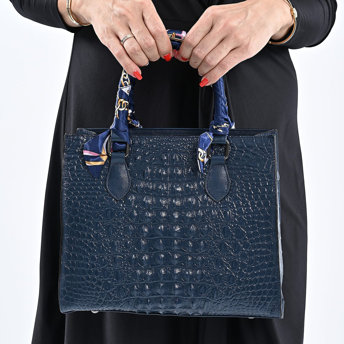 Sencillez 100% Genuine Leather Croc Embossed Pattern Convertible Bag with Handle Scarf and Shoulder Strap - Navy 6305202 3