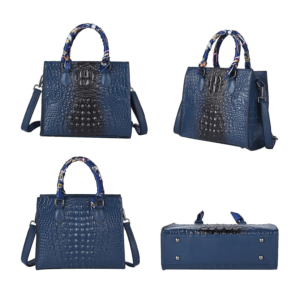 Sencillez 100% Genuine Leather Croc Embossed Pattern Convertible Bag with Handle Scarf and Shoulder Strap - Navy 6305202 4