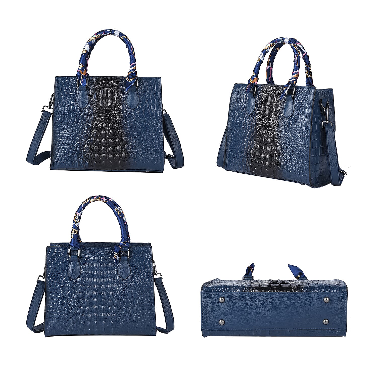 Sencillez 100% Genuine Leather Croc Embossed Pattern Convertible Bag with Handle Scarf and Shoulder Strap - Navy 6305202 4