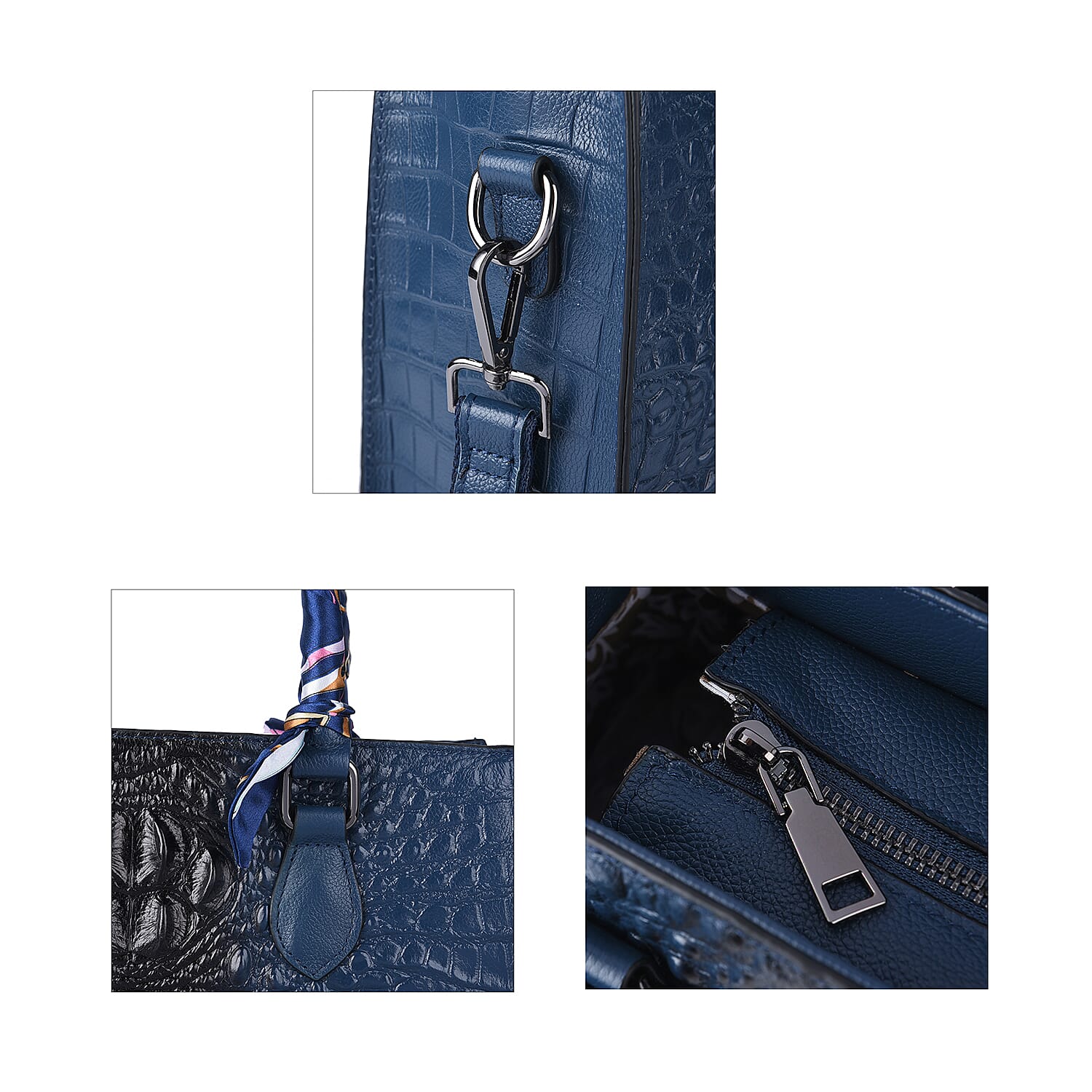 Sencillez 100% Genuine Leather Croc Embossed Pattern Convertible Bag with Handle Scarf and Shoulder Strap - Navy 6305202 5