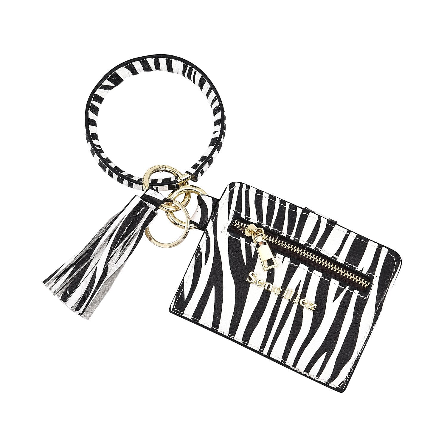 Sencillez 100% Genuine Leather Zebra Pattern Bangle Key Chain with RFID Card Holder and Tassel - Black and White 7017320 0