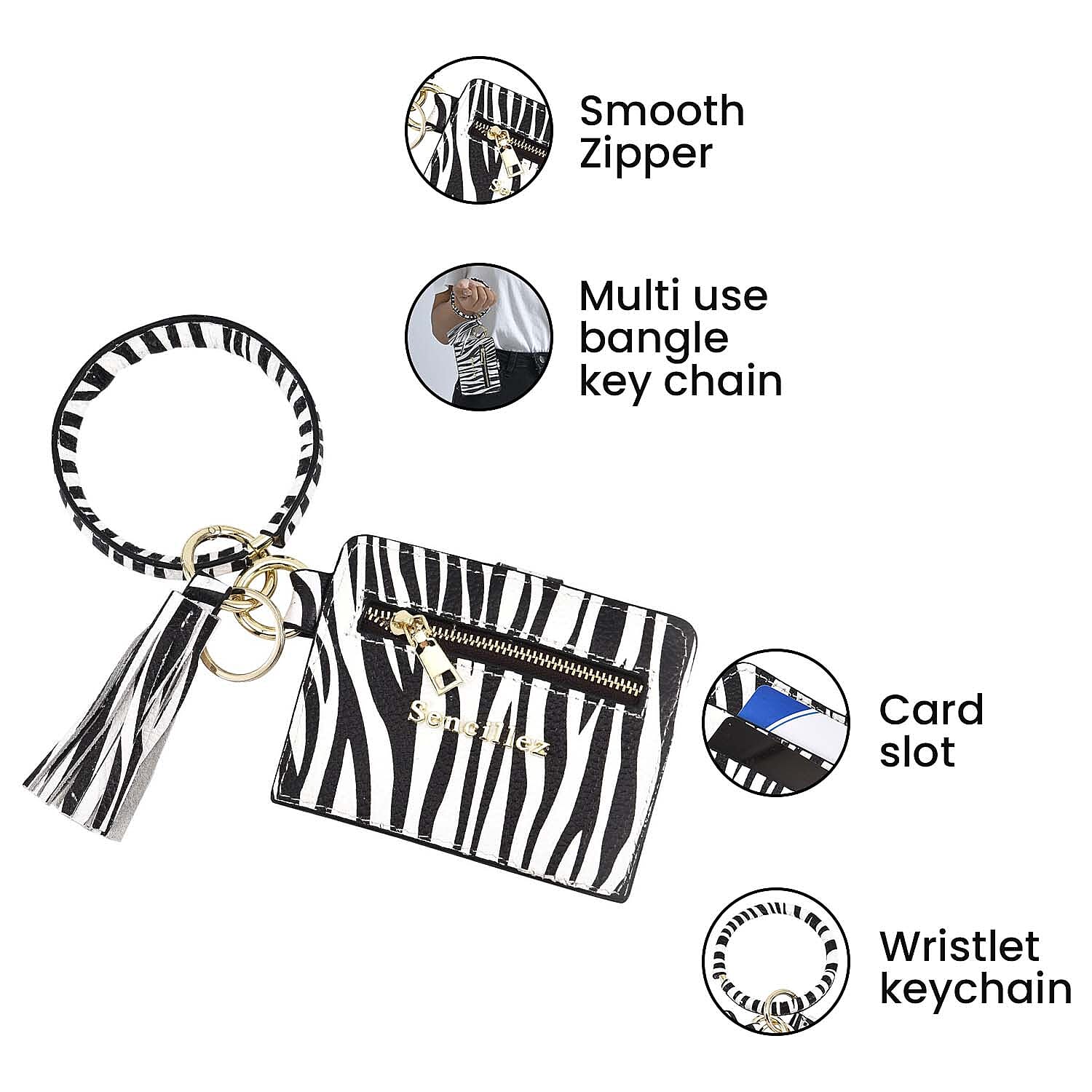 Sencillez 100% Genuine Leather Zebra Pattern Bangle Key Chain with RFID Card Holder and Tassel - Black and White 7017320 4
