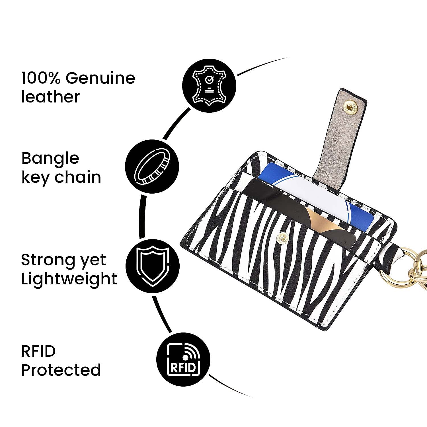 Sencillez 100% Genuine Leather Zebra Pattern Bangle Key Chain with RFID Card Holder and Tassel - Black and White 7017320 5