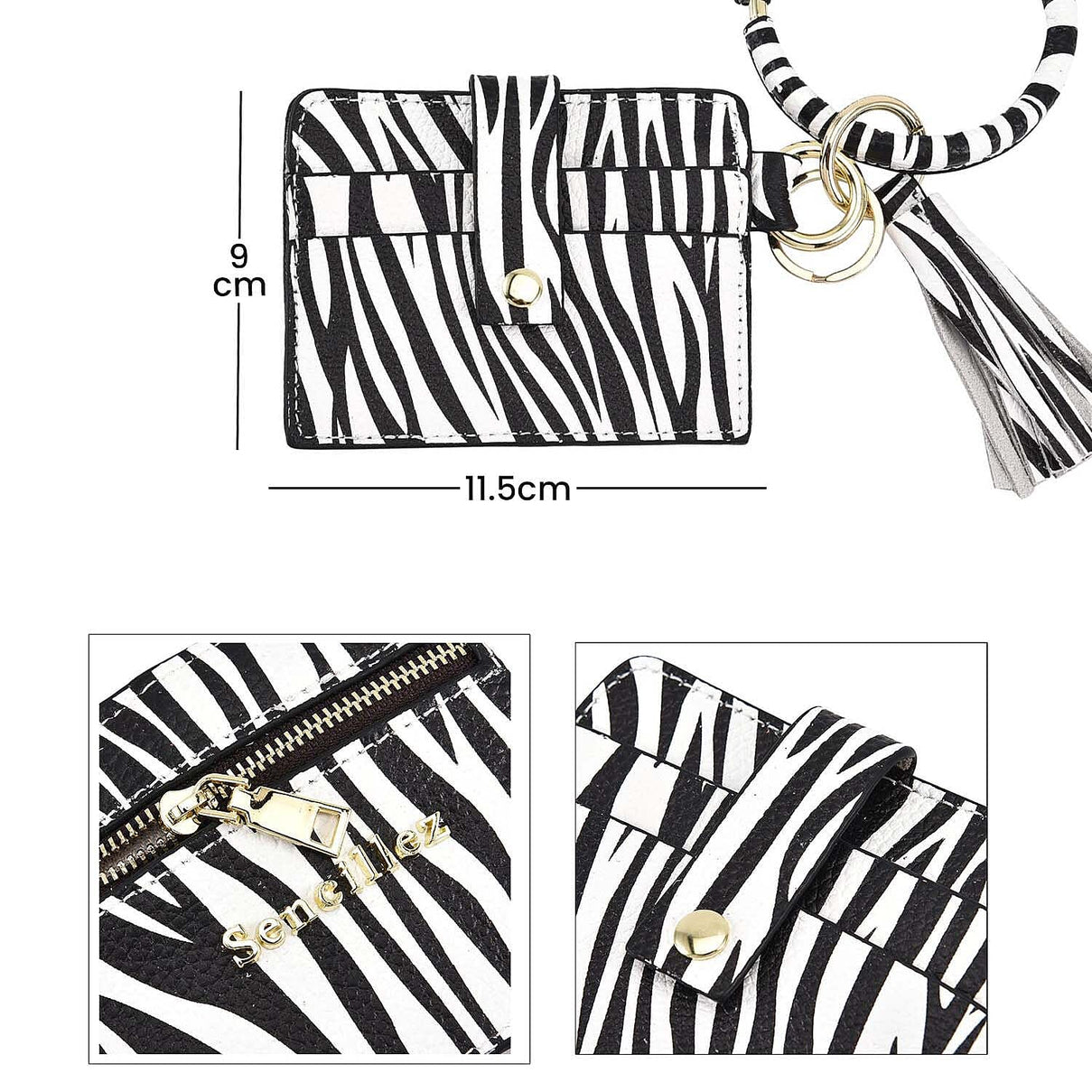 Sencillez 100% Genuine Leather Zebra Pattern Bangle Key Chain with RFID Card Holder and Tassel - Black and White 7017320 7