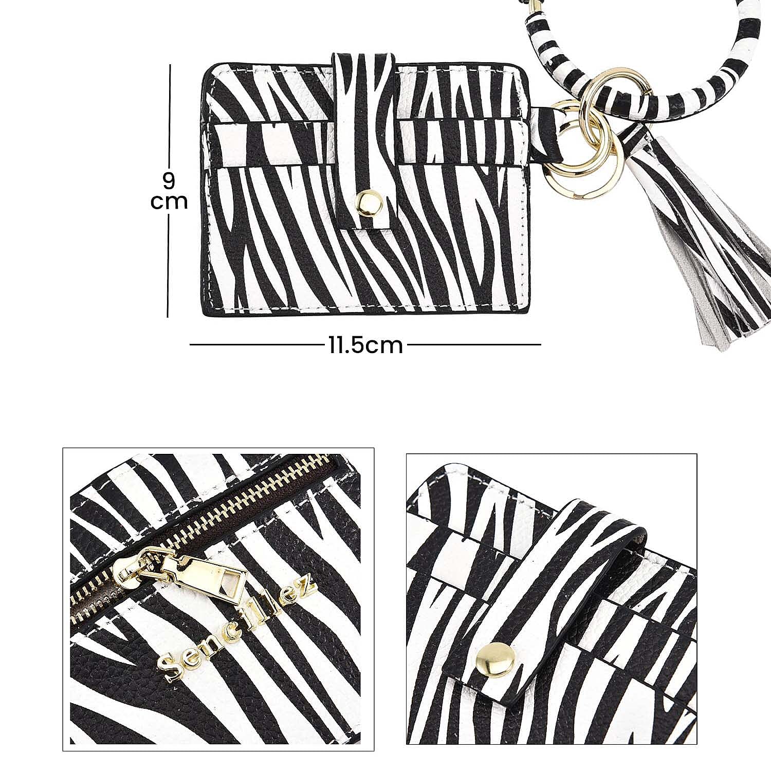 Sencillez 100% Genuine Leather Zebra Pattern Bangle Key Chain with RFID Card Holder and Tassel - Black and White 7017320 7