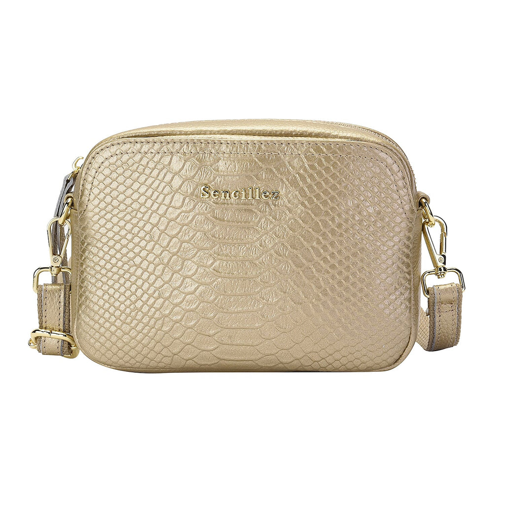 SENCILLEZ 100% Genuine Leather Snakeskin Pattern Crossbody Bag with Detachable Strap and Zipper Closure (Size 20x5x13cm) - Gold