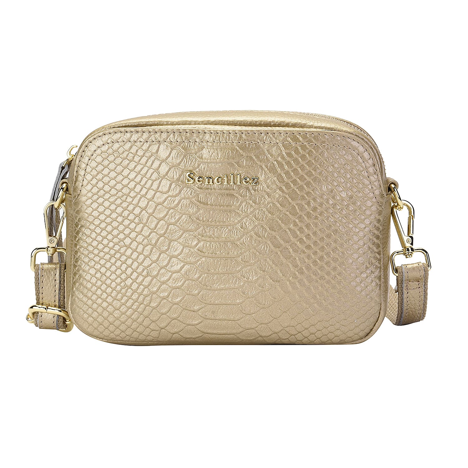 SENCILLEZ Genuine Leather Snakeskin Pattern Crossbody Bag with Detachable Strap - Gold 6243125 0