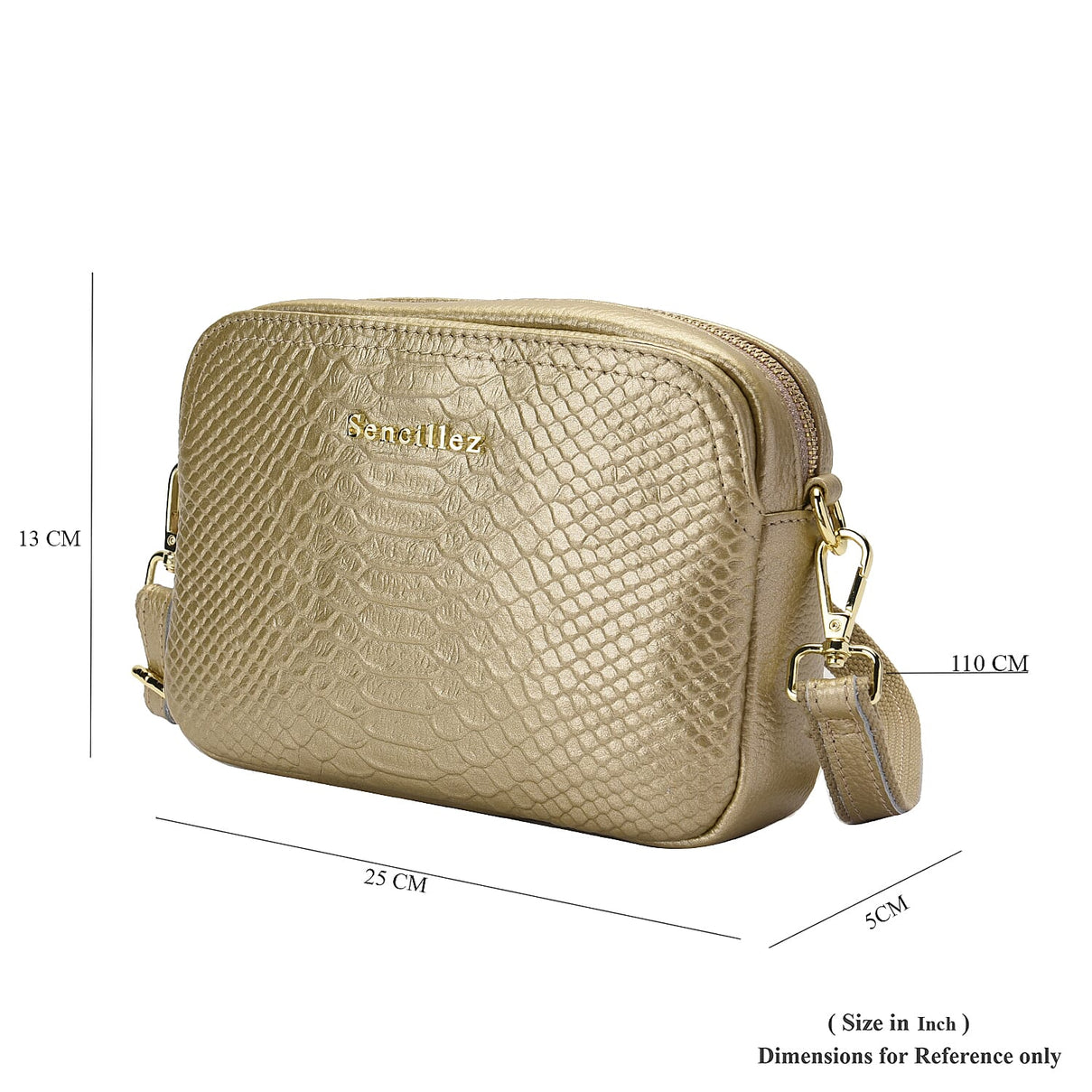 SENCILLEZ Genuine Leather Snakeskin Pattern Crossbody Bag with Detachable Strap - Gold 6243125 3