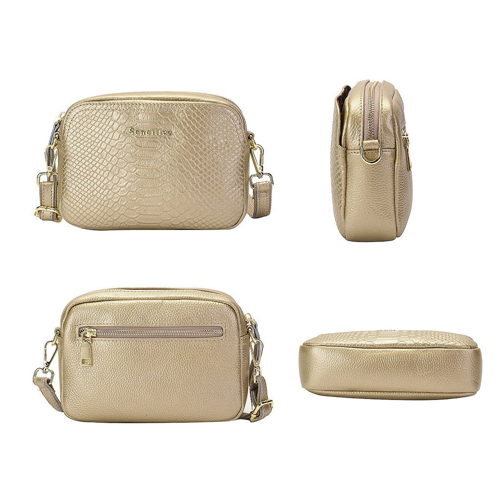 SENCILLEZ 100% Genuine Leather Snakeskin Pattern Crossbody Bag with Detachable Strap and Zipper Closure (Size 20x5x13cm) - Gold
