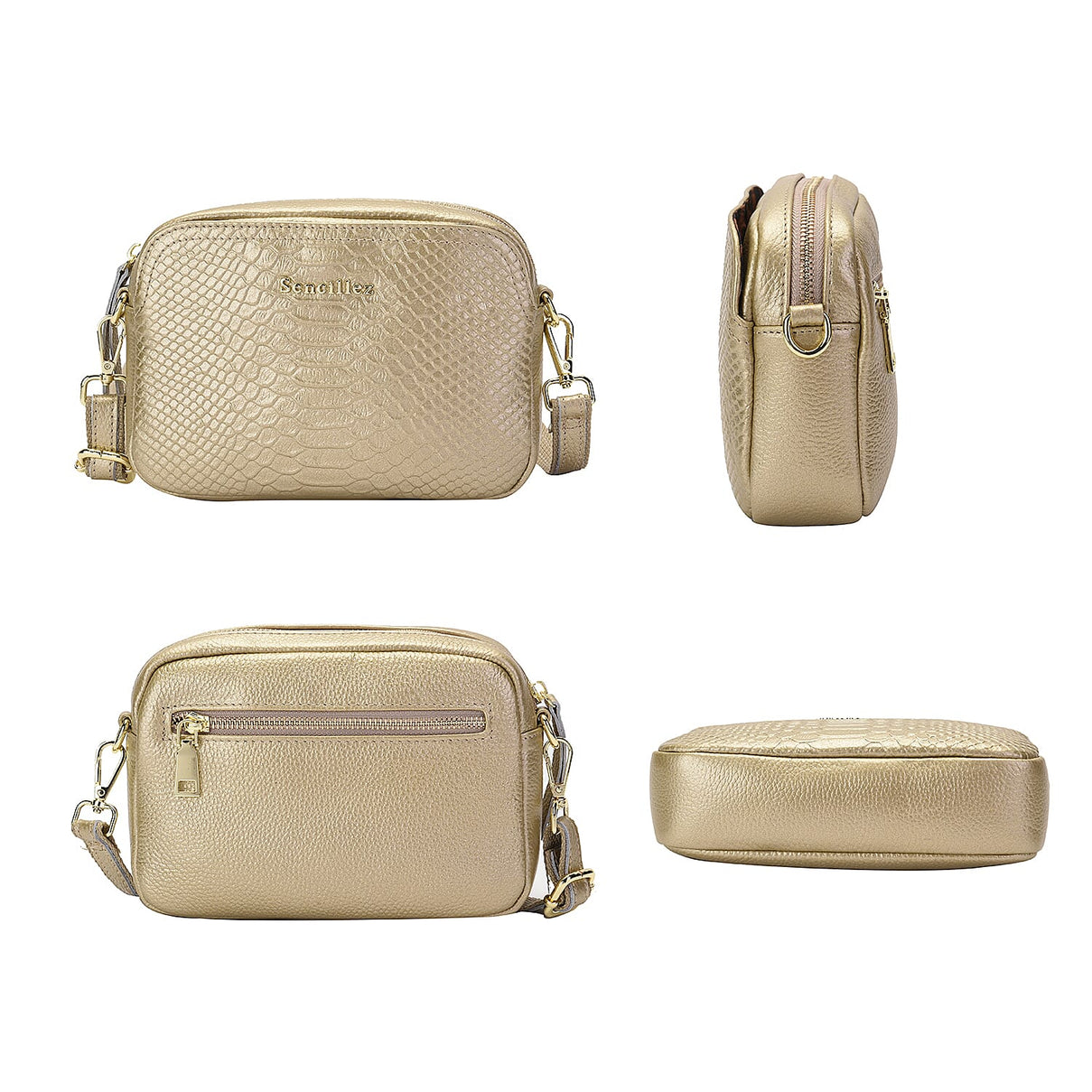 SENCILLEZ Genuine Leather Snakeskin Pattern Crossbody Bag with Detachable Strap - Gold 6243125 4