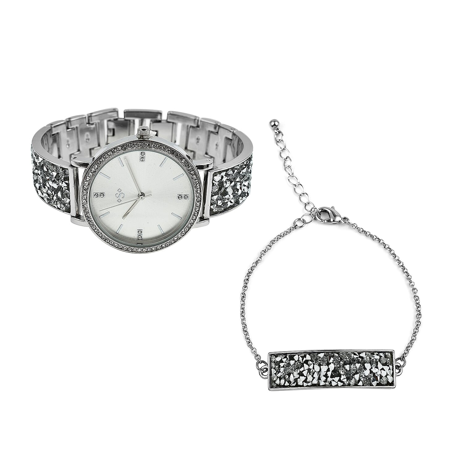 SPIRIT Ladies Rock Crystal Bangle Watch with Silver Sunray Dial 7574044 0