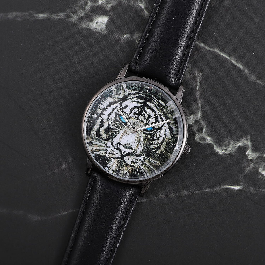 STRADA Japanese Movement 3D Tiger Head Dial Water Resistant Watch with Black Colour Strap