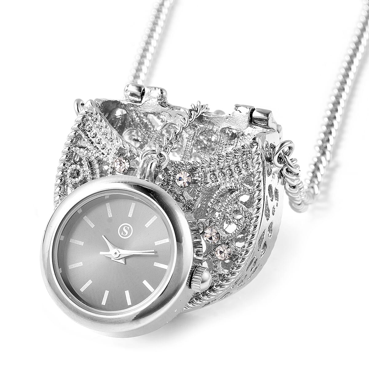 STRADA Japanese Movement Crystal Studded Hollow Bag Locket Watch 6029202 3