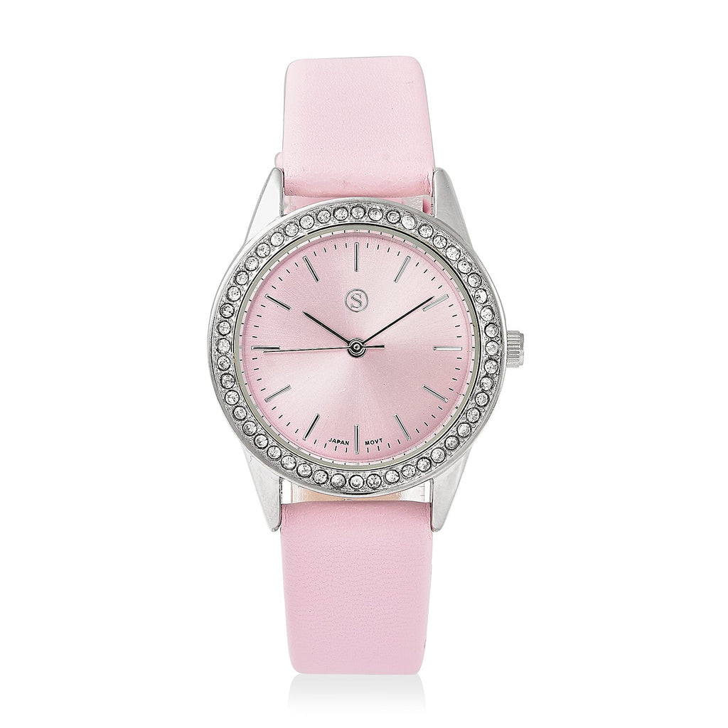 STRADA Japanese Movement Pink Dial Crystal Studded Water Resistant Watch with Pink Colour Strap