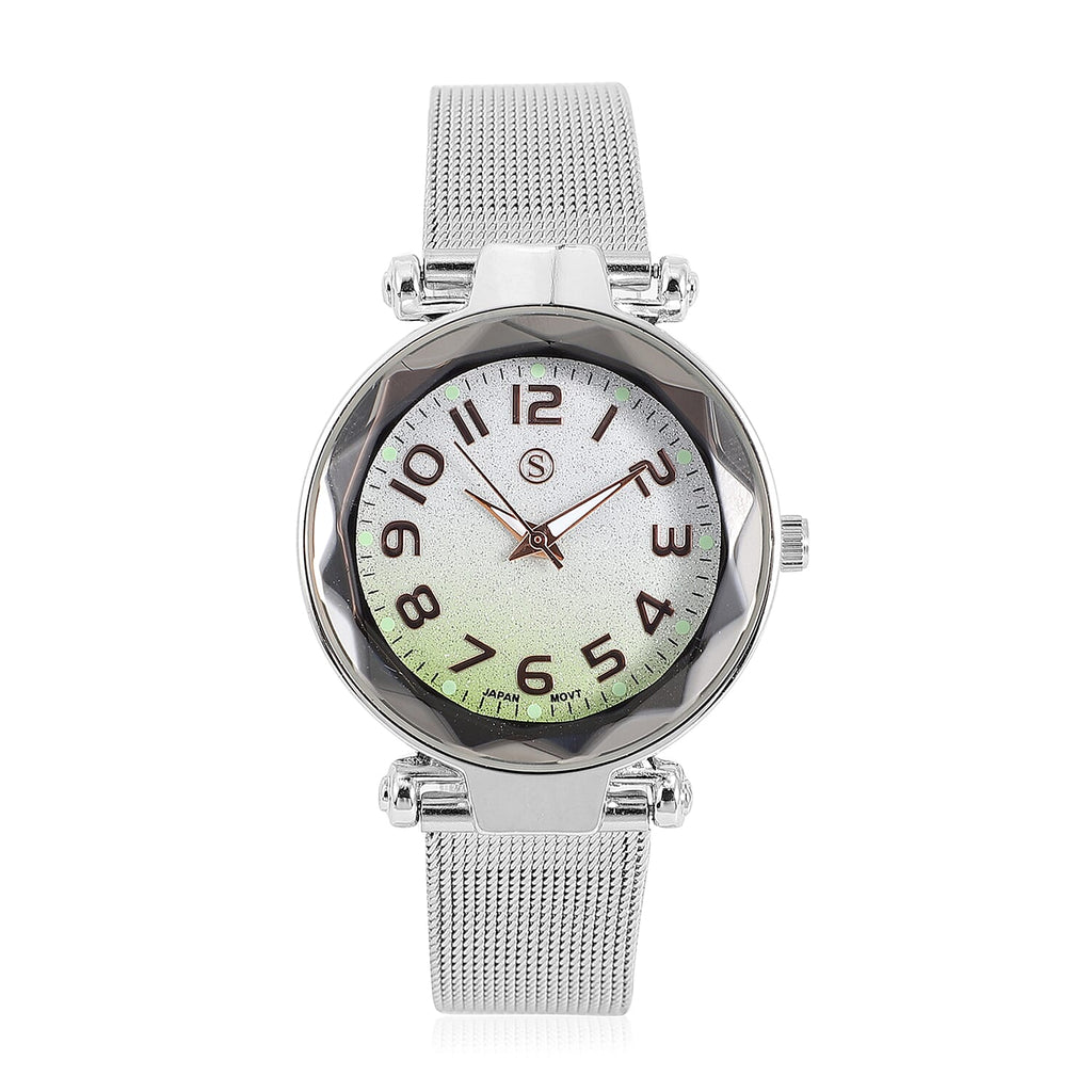 STRADA Japanese Movement Silver & Green Dial Water Resistant Watch in Silver Colour Mesh Belt