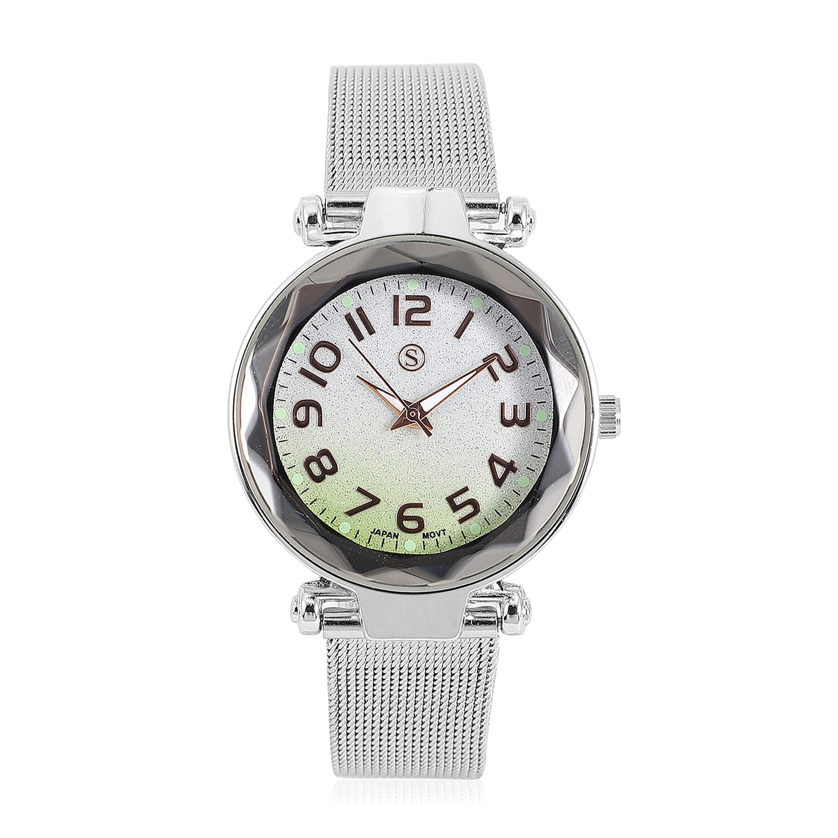 STRADA Japanese Movement Silver and Green Dial Watch in Silver Colour Mesh Belt 6850322 0