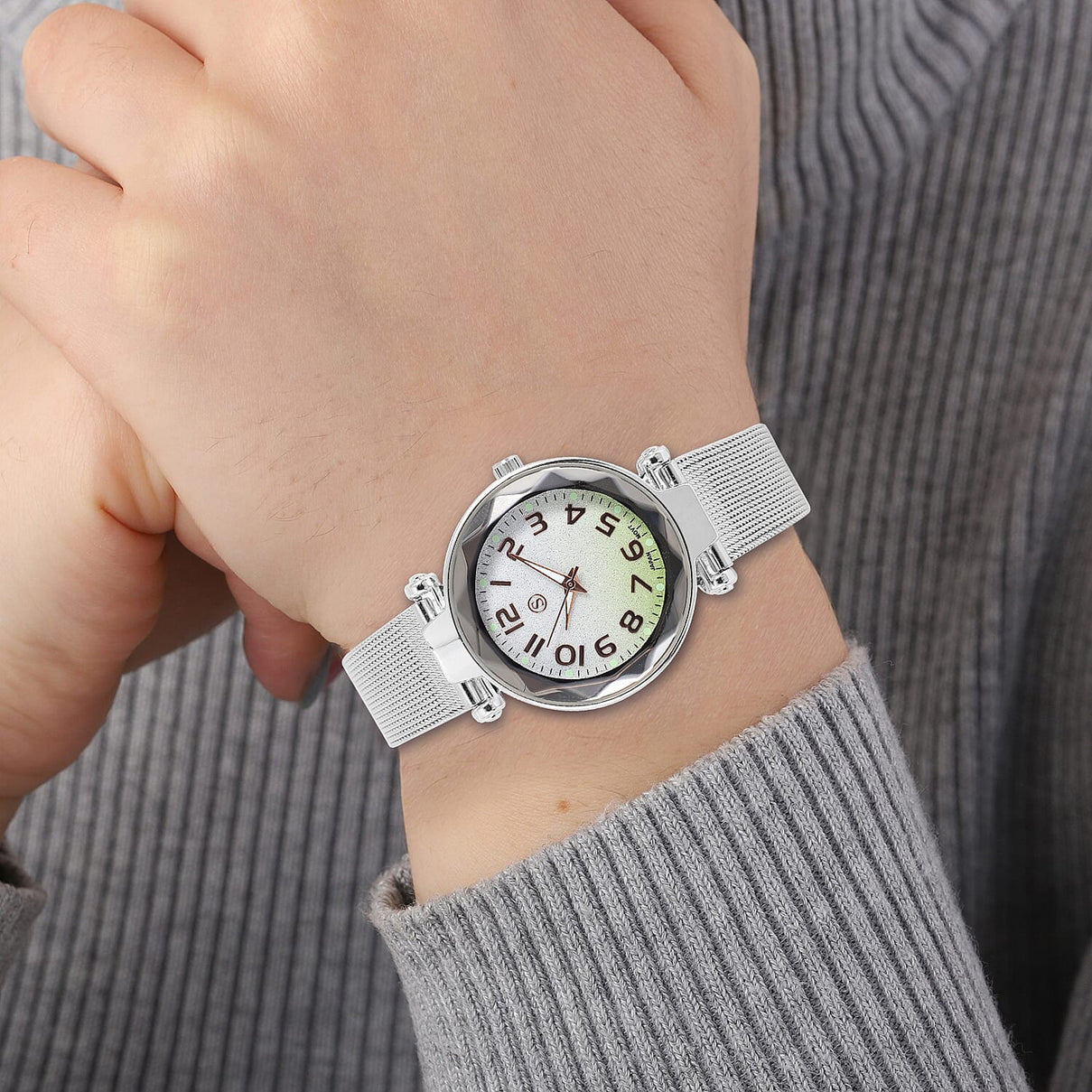 STRADA Japanese Movement Silver and Green Dial Watch in Silver Colour Mesh Belt 6850322 1