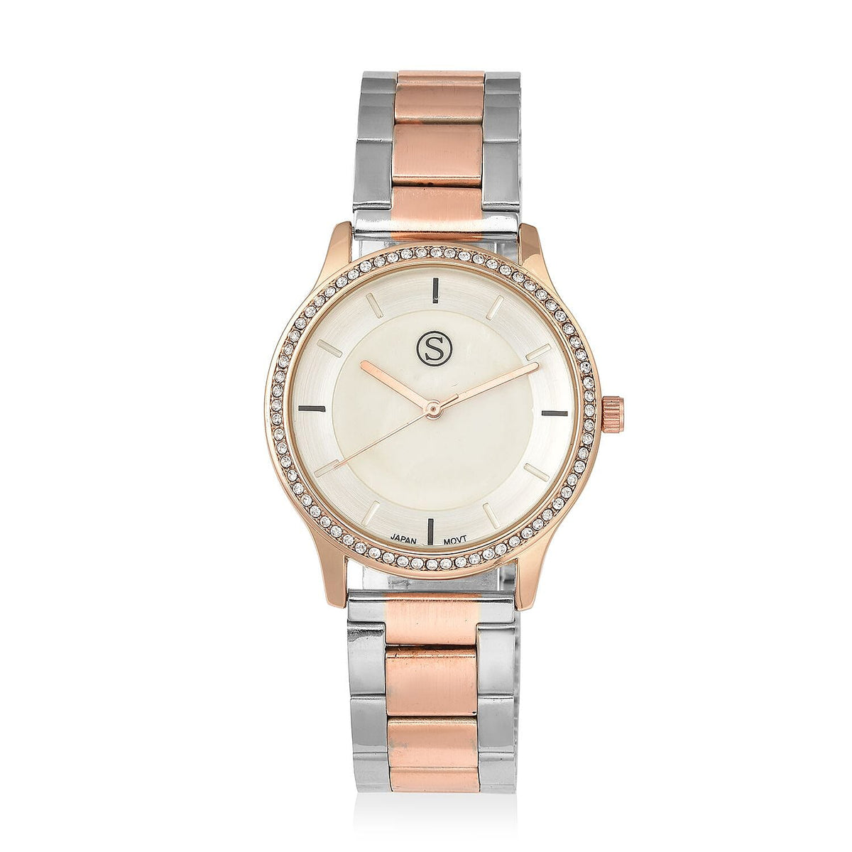 STRADA Japanese Movement Silver and Rose Gold Tone Watch with Crystal Studded Bezel 3689904 0